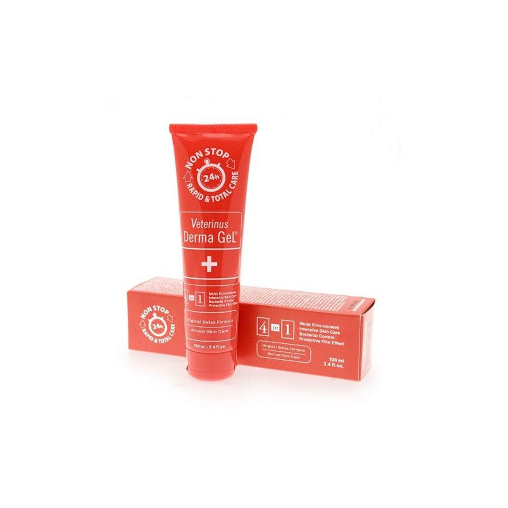 Tube rouge Veterinus Derma Gel® et emballage. Affiche le nom du produit, le logo et la formule 4 en 1. 100 ml.