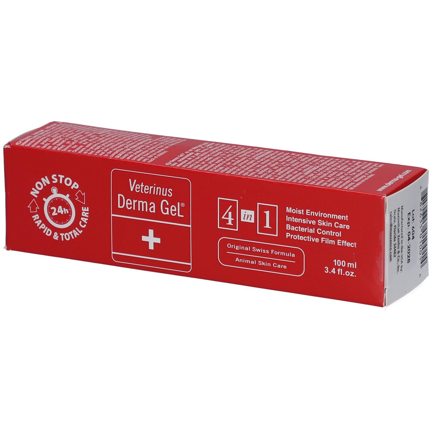 Boîte rouge Veterinus Derma Gel®. Contient des informations sur les ingrédients et les propriétés. Formule 4 en 1.