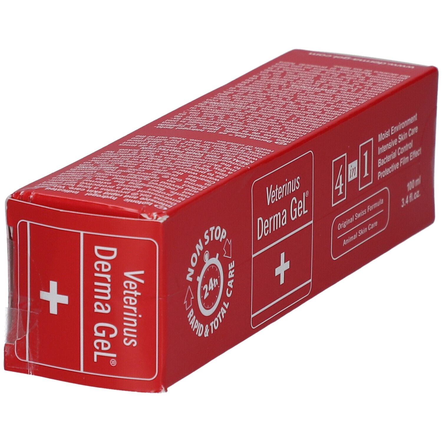 Boîte rouge Veterinus Derma Gel®. Affiche le nom du produit, le logo et la formule 4 en 1. Contient des informations.