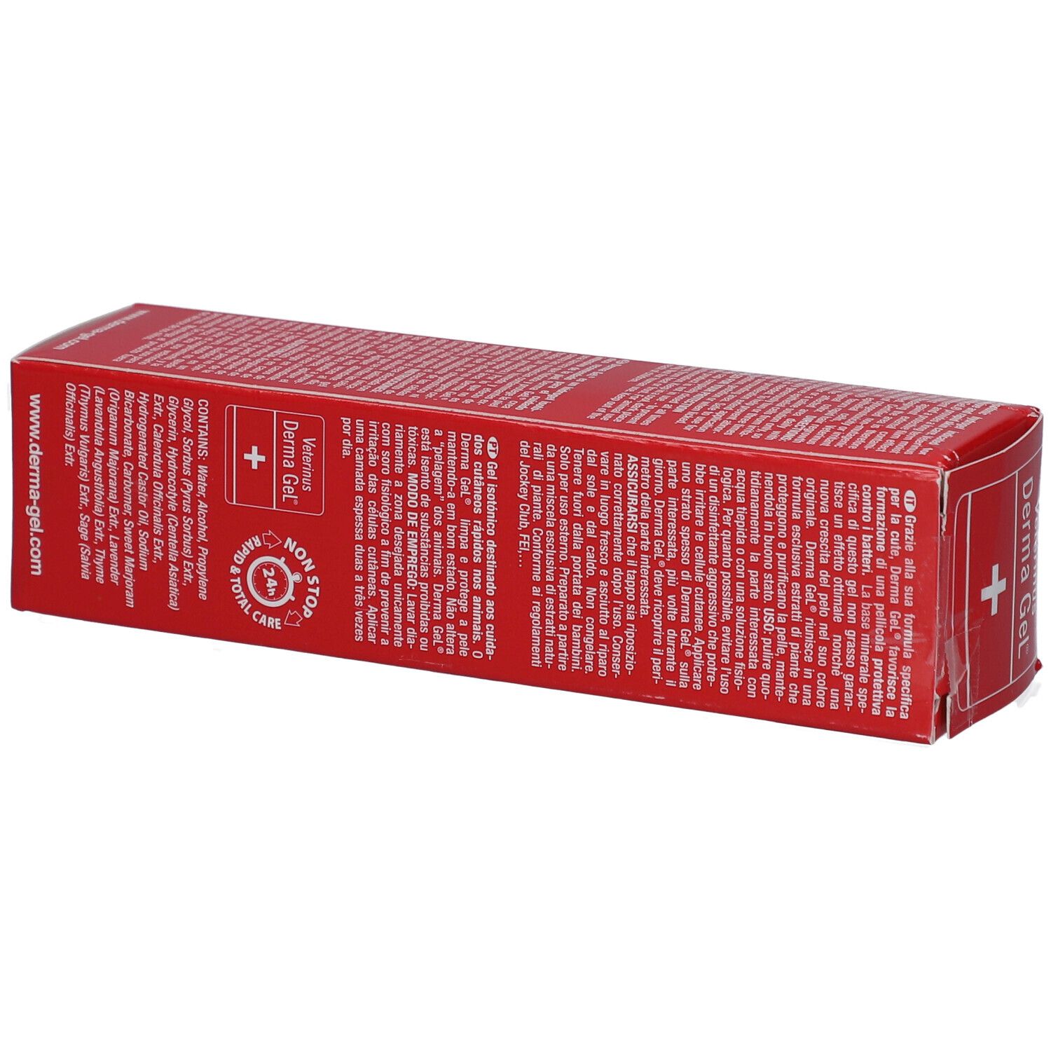 Boîte rouge Veterinus Derma Gel®. Dos avec texte, ingrédients et coordonnées. 