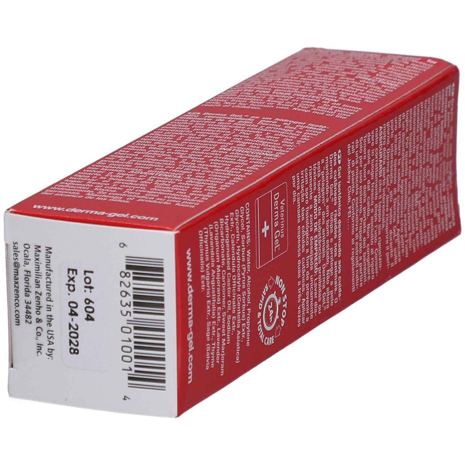 Boîte rouge Veterinus Derma Gel®. Bas avec numéro de lot, date d'expiration et informations du fabricant.