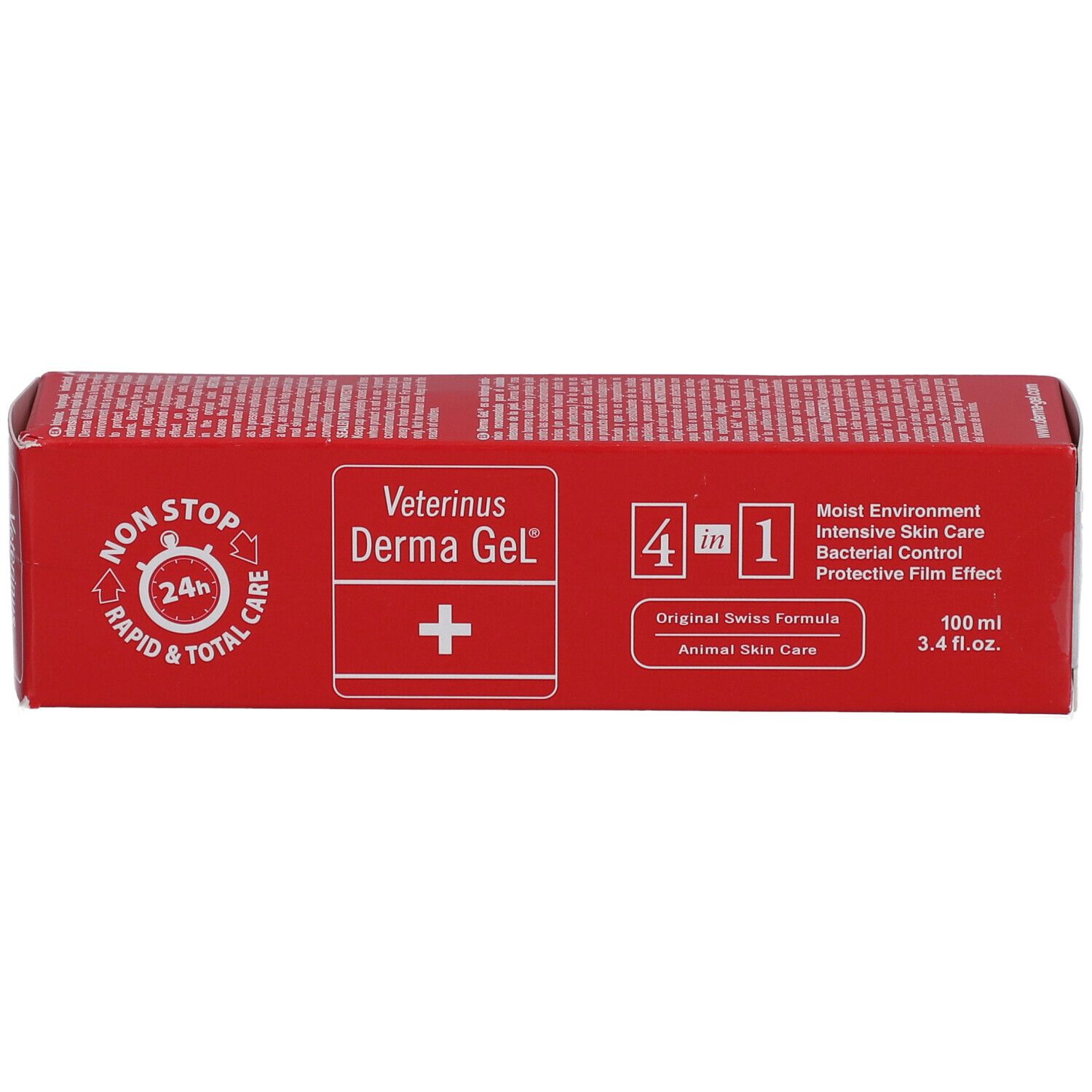 Boîte rouge Veterinus Derma Gel®. Affiche le nom du produit, le logo et la formule 4 en 1. Contient des informations.