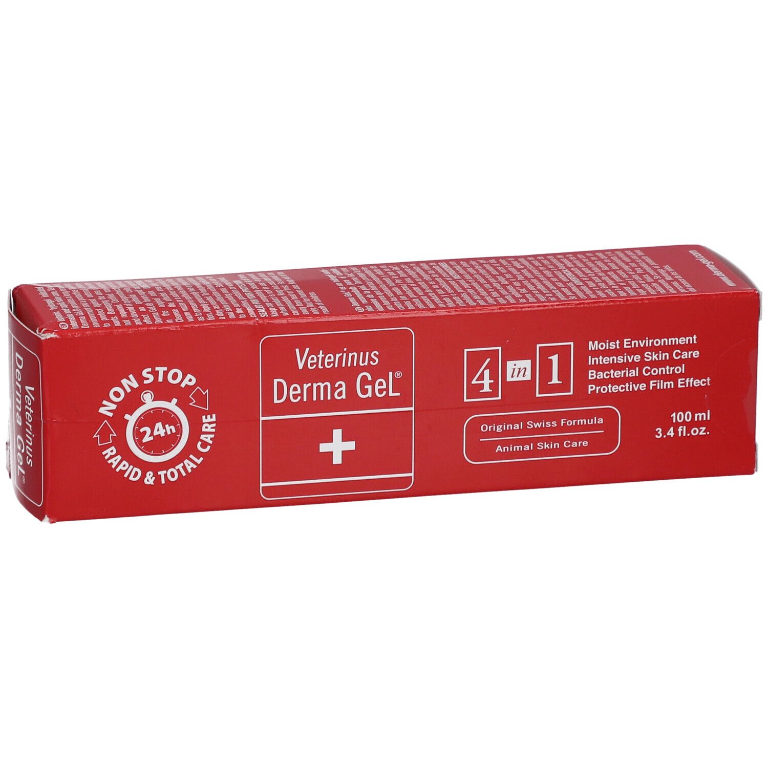 Boîte rouge Veterinus Derma Gel®. Affiche le nom du produit, le logo et la formule 4 en 1. Contient des informations.