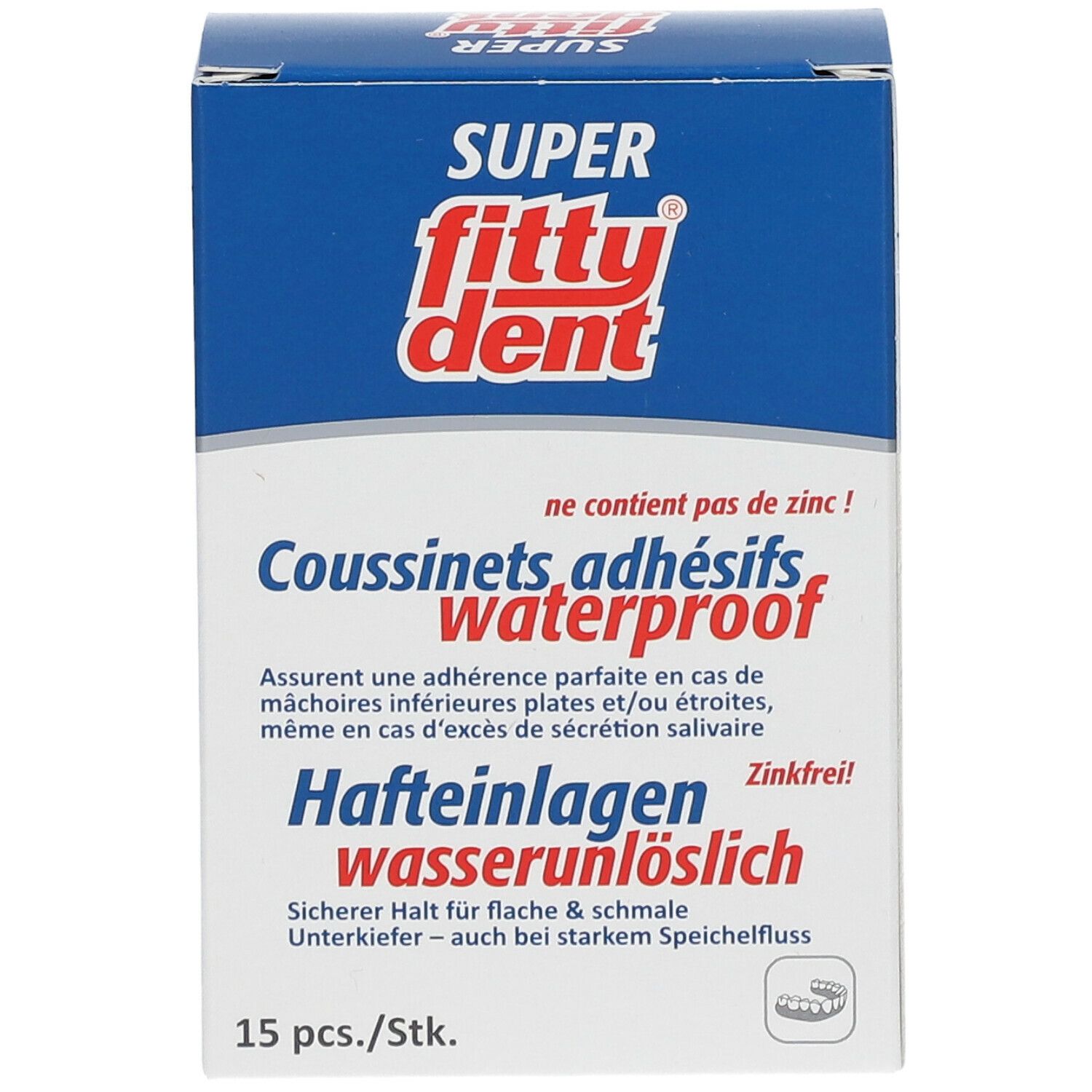 Blauw-witte doos met "SUPER Fittydent" logo. Tekst: "Coussinets adhésifs waterproof", "Hafteinlagen wasserunlöslich". 15 pcs./Stk. Zinkvrij.