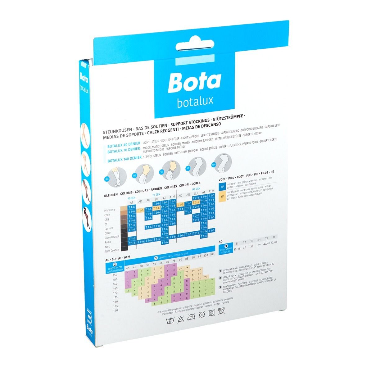 Dos de l'emballage. Logo Bota botalux. Tableaux avec tailles et couleurs.