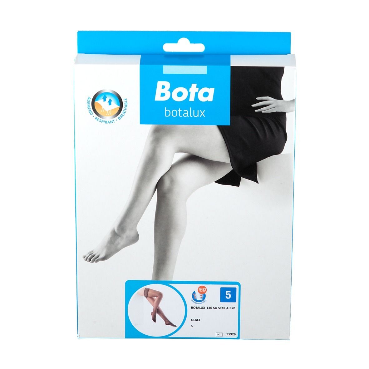 Emballage Bota botalux. Image d'une jambe avec bas. Impression: Taille 5, Glace.