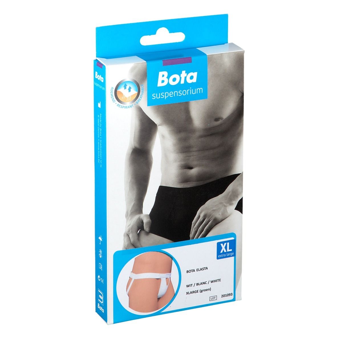 Emballage de suspensoir Bota. Illustration d'un homme. Nom du produit et taille XL.