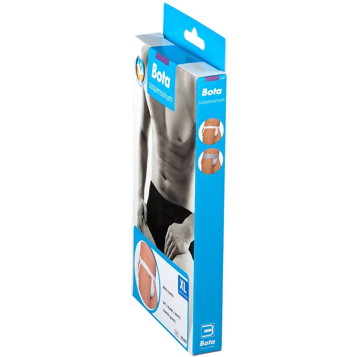 Vue latérale de l'emballage du suspensoir Bota. Nom du produit, taille XL et illustrations du produit.