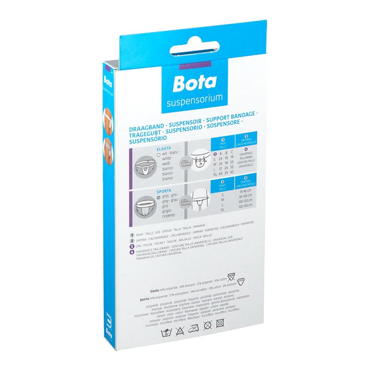 Dos de l'emballage du suspensoir Bota. Nom du produit, tableau des tailles et symboles de lavage.