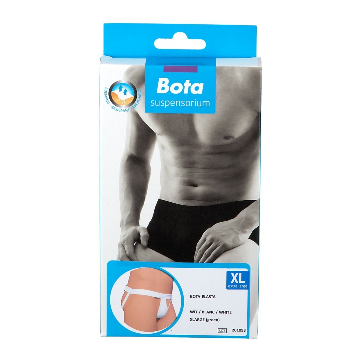 Emballage de suspensoir Bota. Illustration d'un homme. Nom du produit, taille XL.