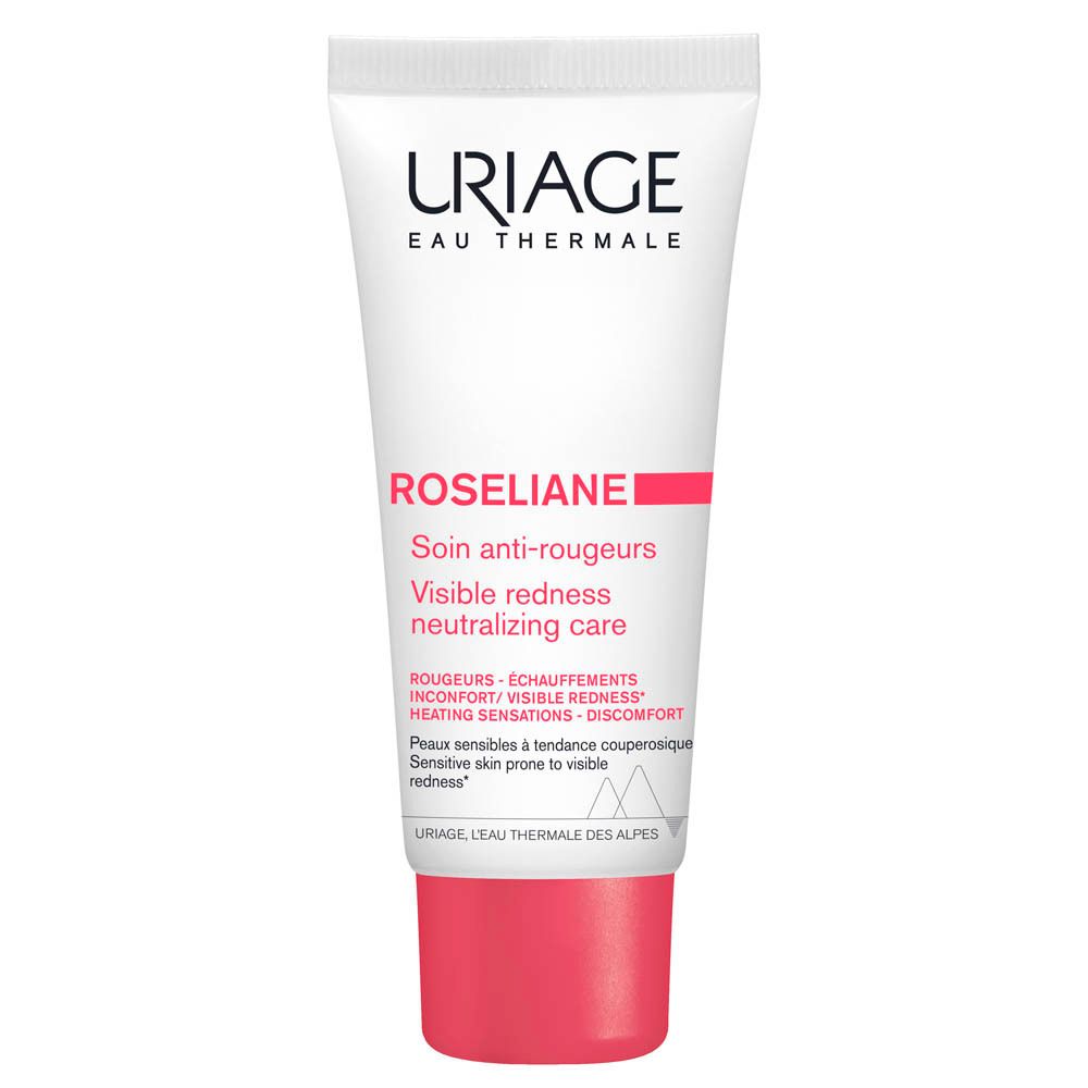 Tube de crème anti-rougeurs Roséliane. Bouchon rouge. Texte en français.