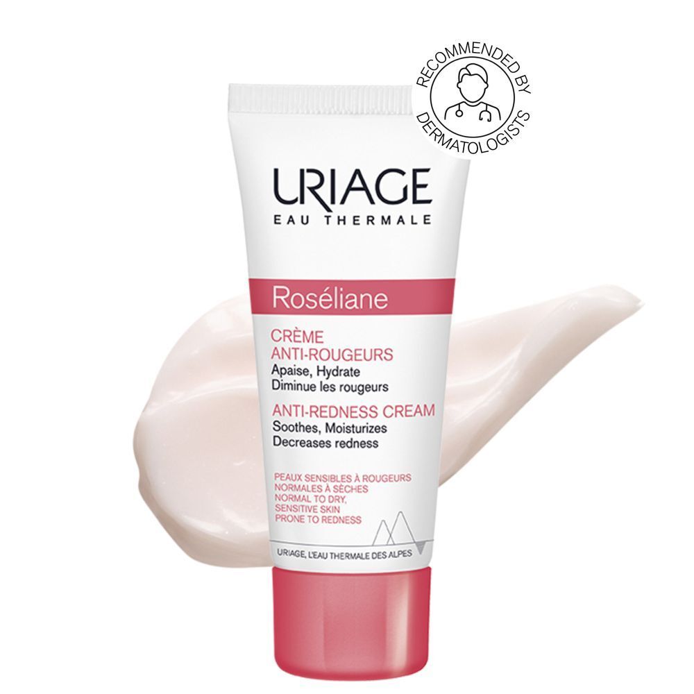 Crème anti-rougeurs Roséliane. Crème sur une surface. Texte en français.