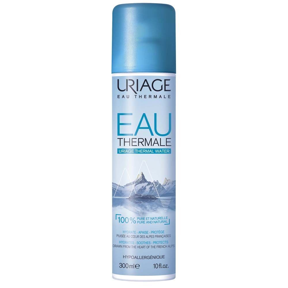 Uriage Eau Thermale spray. Blauwe spuitfles met blauwe dop. Tekst: Eau Thermale, Uriage Thermal Water.