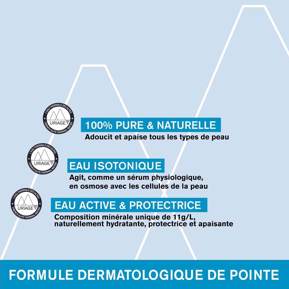 Texte : 100% PURE & NATURELLE. Eau isotonique. Eau active & protectrice. Formule dermatologique de pointe.