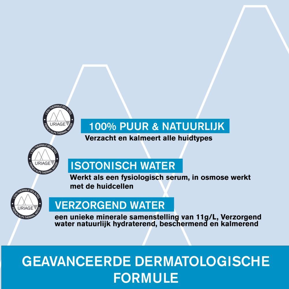 Tekst: 100% PUUR & NATUURLIJK. Isotonisch water. Verzorgend water. Geavanceerde dermatologische formule.