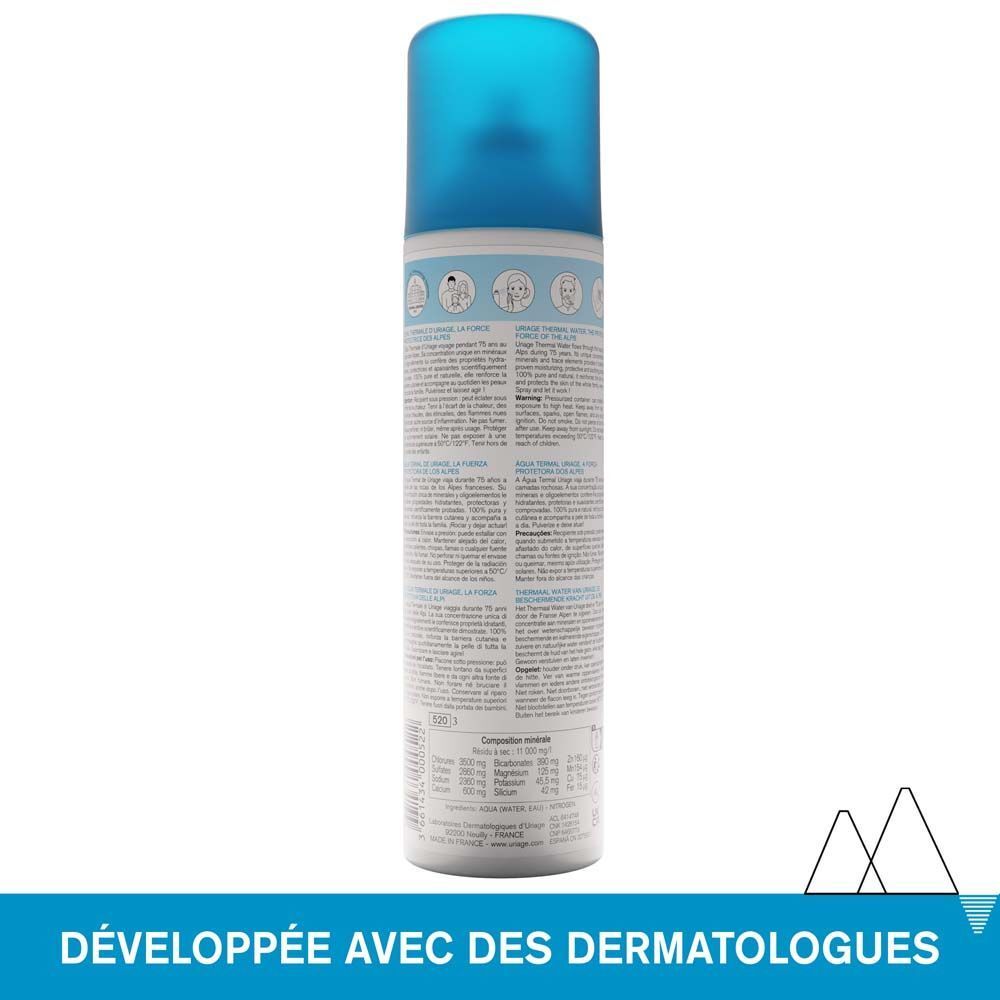 Spray Uriage Eau Thermale. Dos du flacon avec texte. Développé avec des dermatologues.