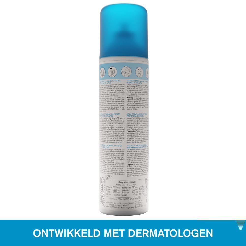 Uriage Eau Thermale spray. Achterkant van de fles met tekst. Ontwikkeld met dermatologen.