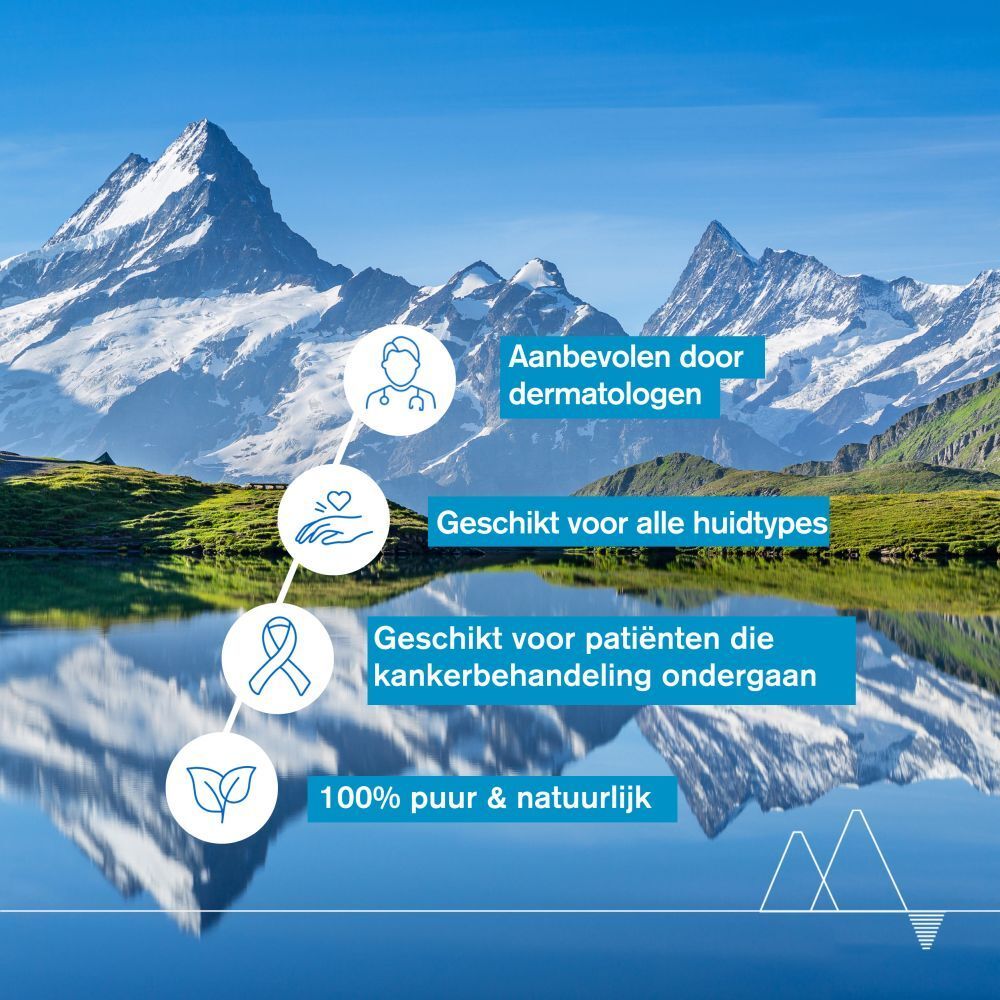 Landschap met bergen en meer. Tekst: Aanbevolen door dermatologen. Geschikt voor alle huidtypes.
