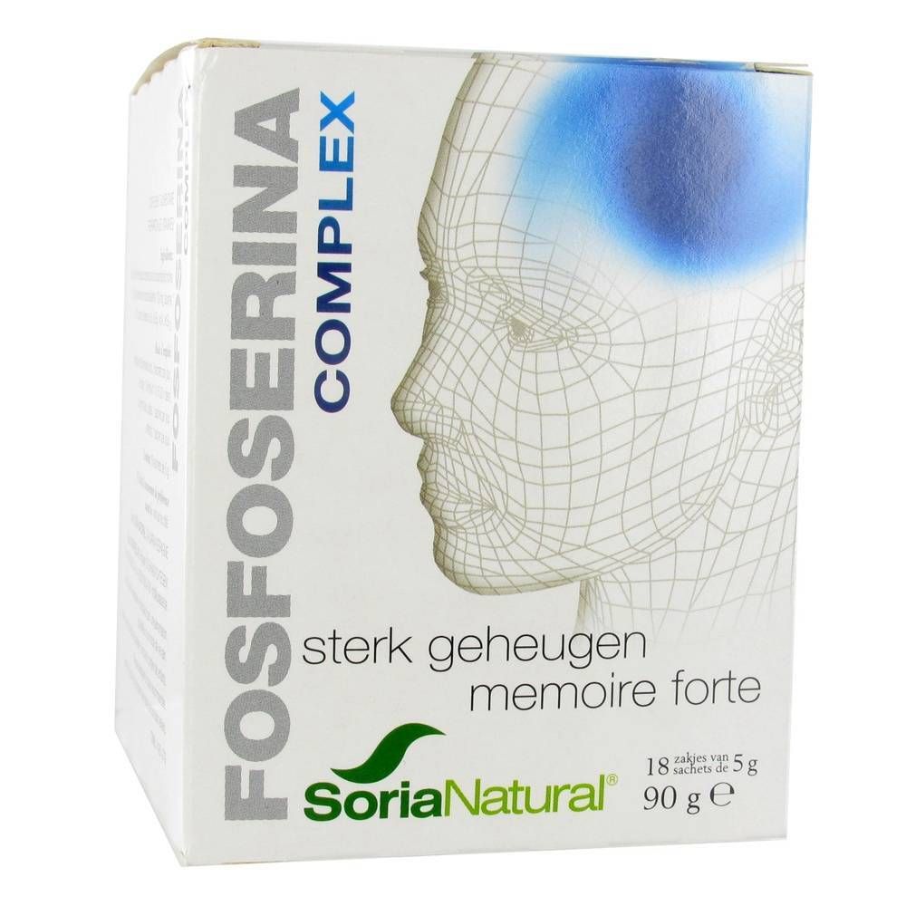 Boîte blanche avec nom du produit et profil. Texte : « stark geheugen memoire forte ». Logo : Soria Natural. Contient 18 sachets.