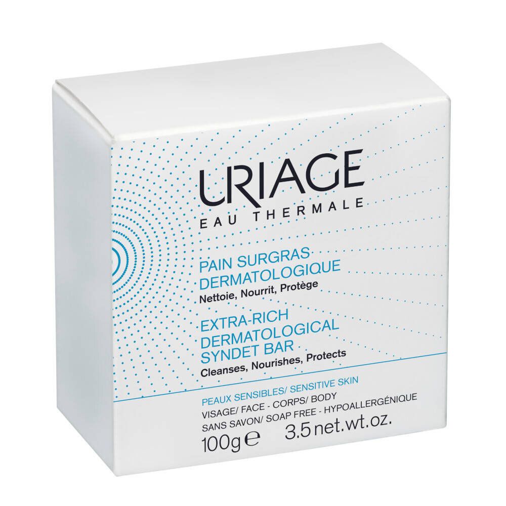 Witte doos met productopdruk. Uriage-logo, productnaam en tekst in blauw. 100g en 3,5 net wt.oz.