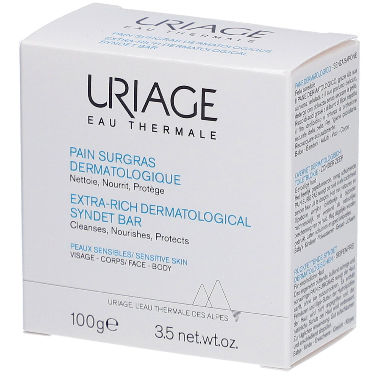 Witte doos met productopdruk. Uriage-logo, productnaam en tekst in blauw. 100g en 3,5 net wt.oz.