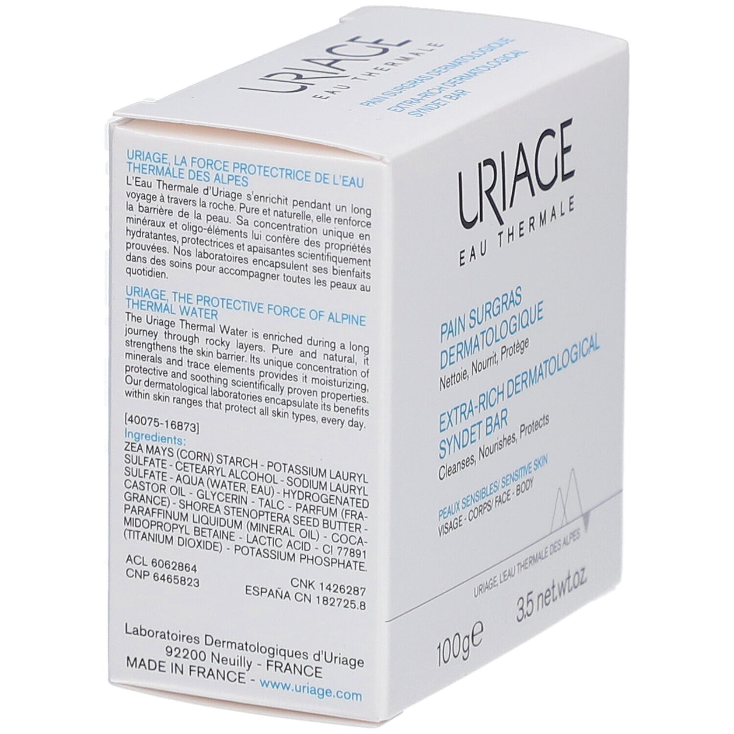 Witte doos met productopdruk. Uriage-logo, productnaam en tekst in blauw. Tekst in het Frans en Engels.