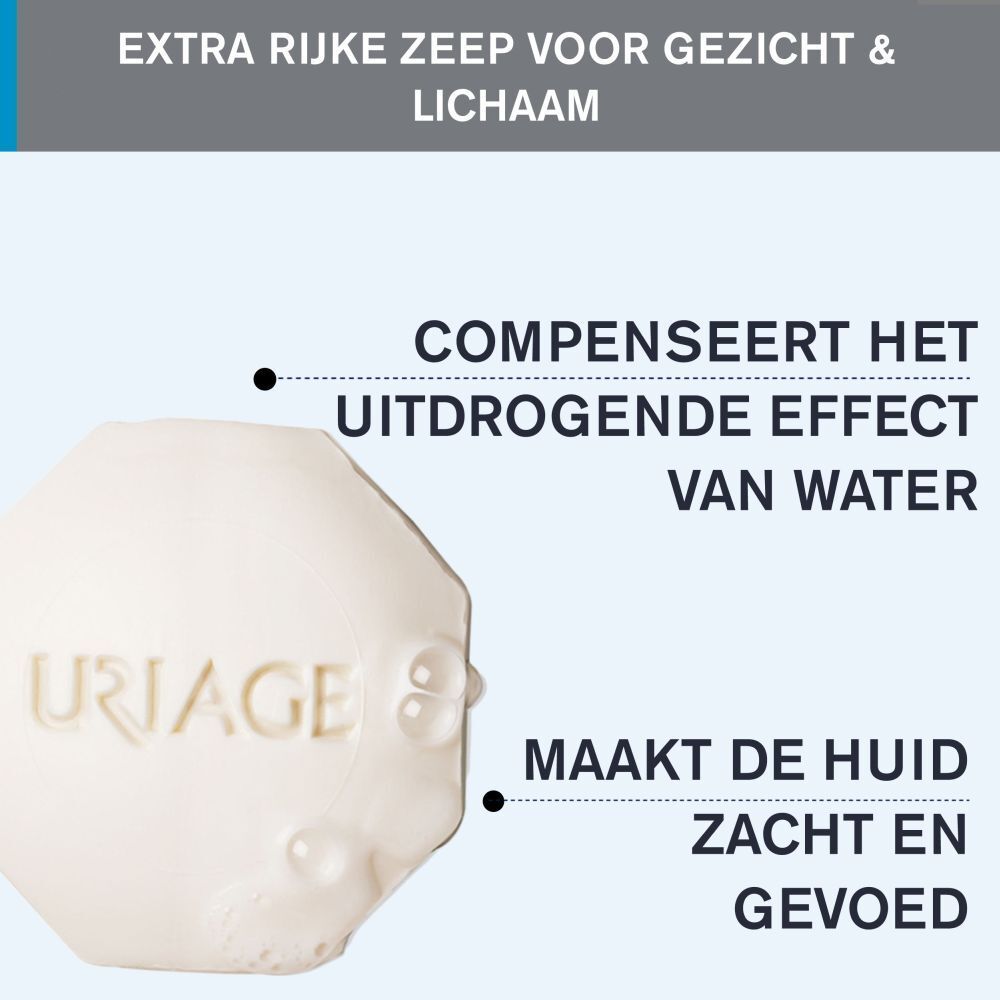 Close-up van de zeep. Uriage-logo. Tekst: compenseert uitdrogende effect, maakt de huid zacht en gevoed.