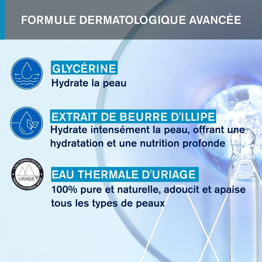 Graphique avec ingrédients. Glycérine, extrait de beurre d'Illipé, Eau Thermale d'Uriage. Texte en français.