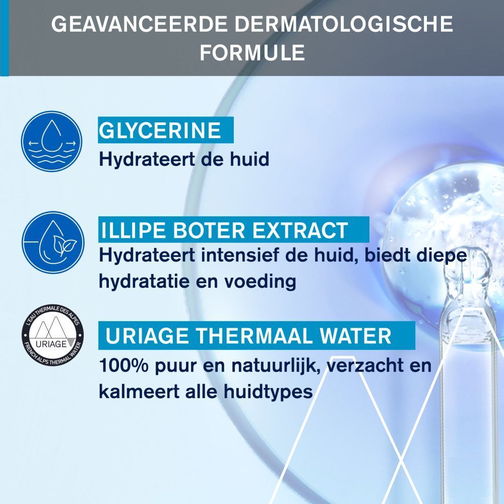 Grafiek met ingrediënten. Glycerine, Illipe boter extract, Uriage Thermaal Water. Tekst in het Nederlands.