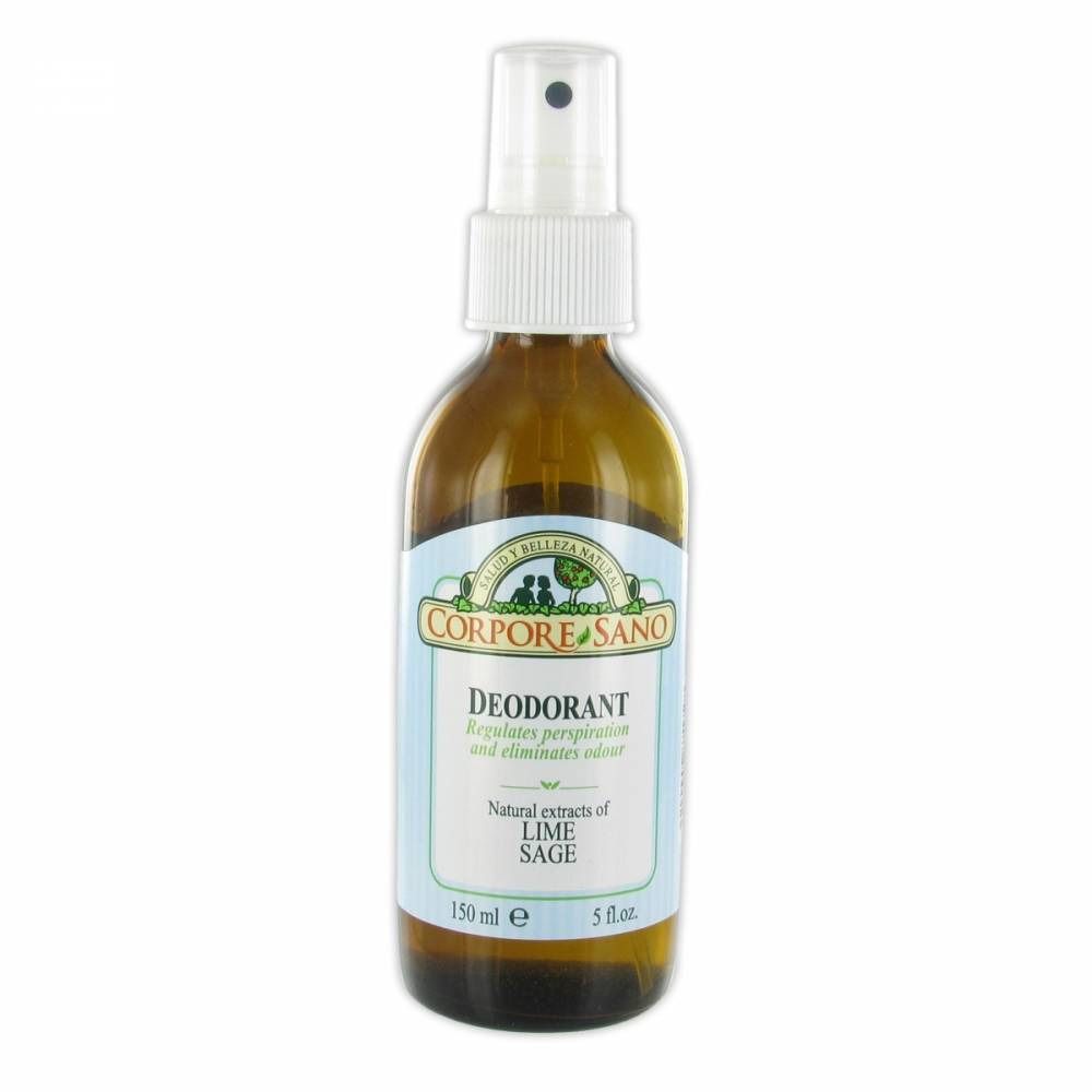 Flacon en verre brun avec vaporisateur blanc. Inscription: DEODORANT, CITRON VERT & SAUGE. Marque: Corpore Sano.