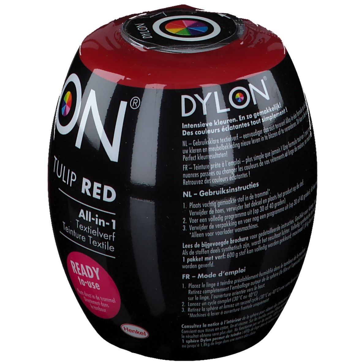 DYLON® Tulip Red Textilfarbe. Schwarze Verpackung mit Text und Gebrauchsanweisung. Farbkreis-Logo.