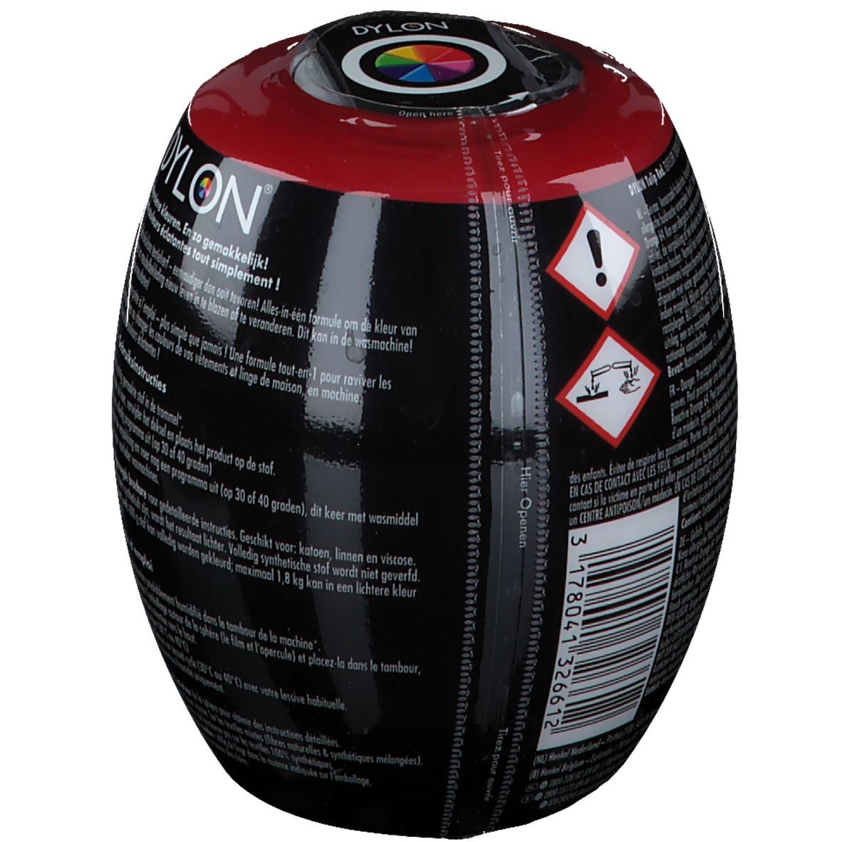 DYLON® Tulip Red Textilfarbe. Rückseite der Verpackung mit Warnhinweisen und Barcode. Farbkreis-Logo.