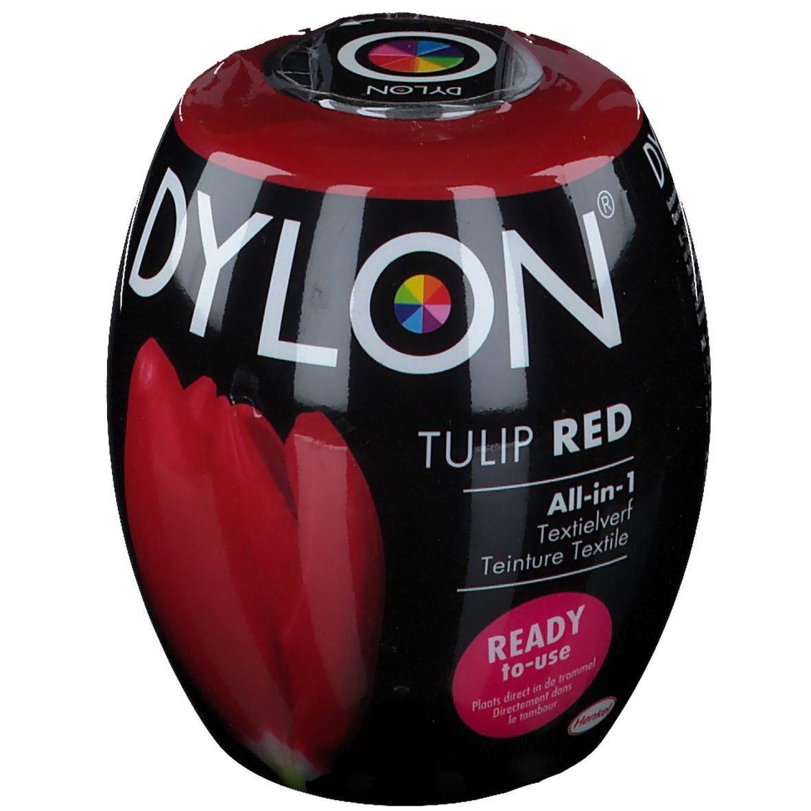 DYLON® Tulip Red Textilfarbe. Schwarze Verpackung mit roter Tulpenabbildung. Aufschrift: READY to use.