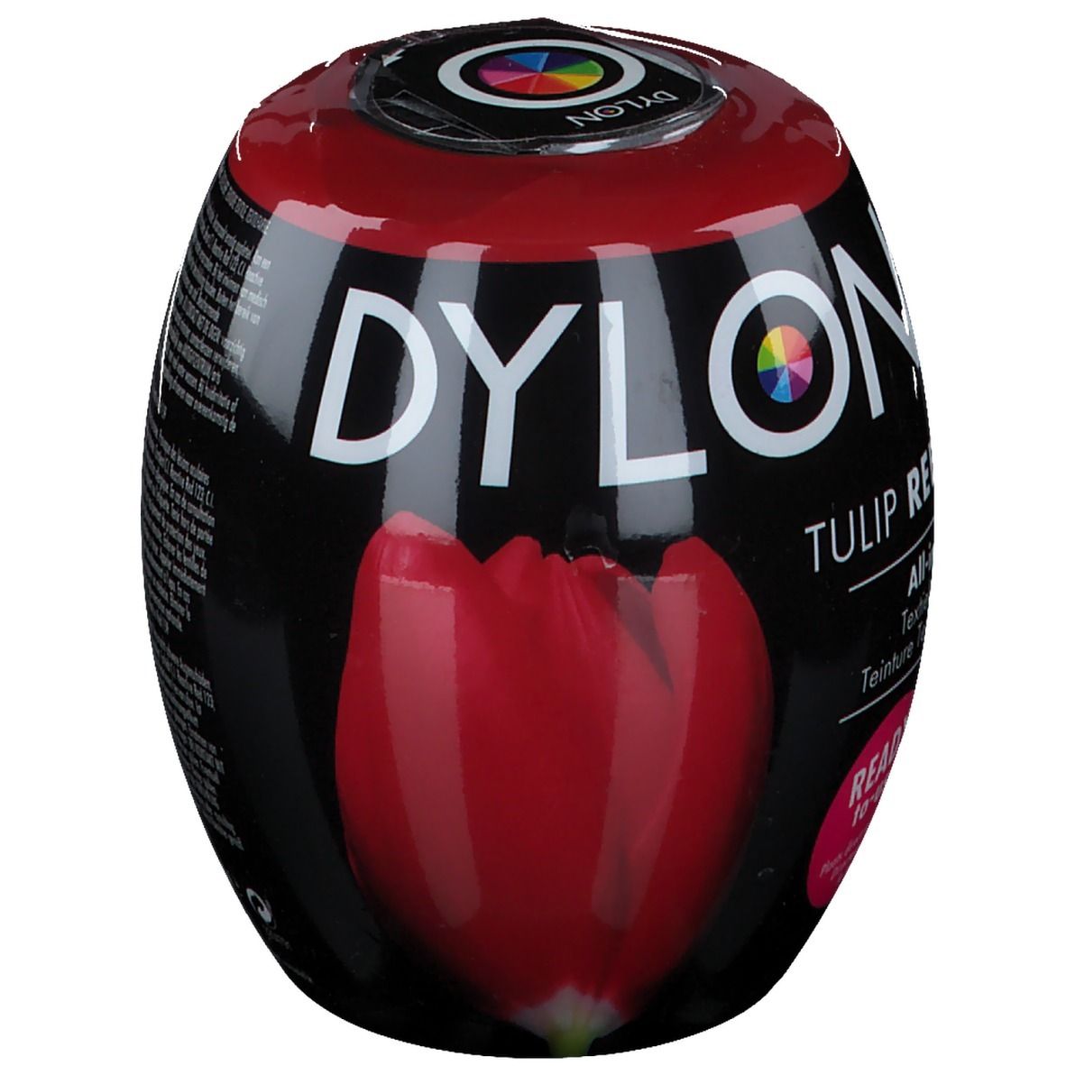 DYLON® Tulip Red Textilfarbe. Schwarze Verpackung mit roter Tulpenabbildung. Aufschrift: READY to use.