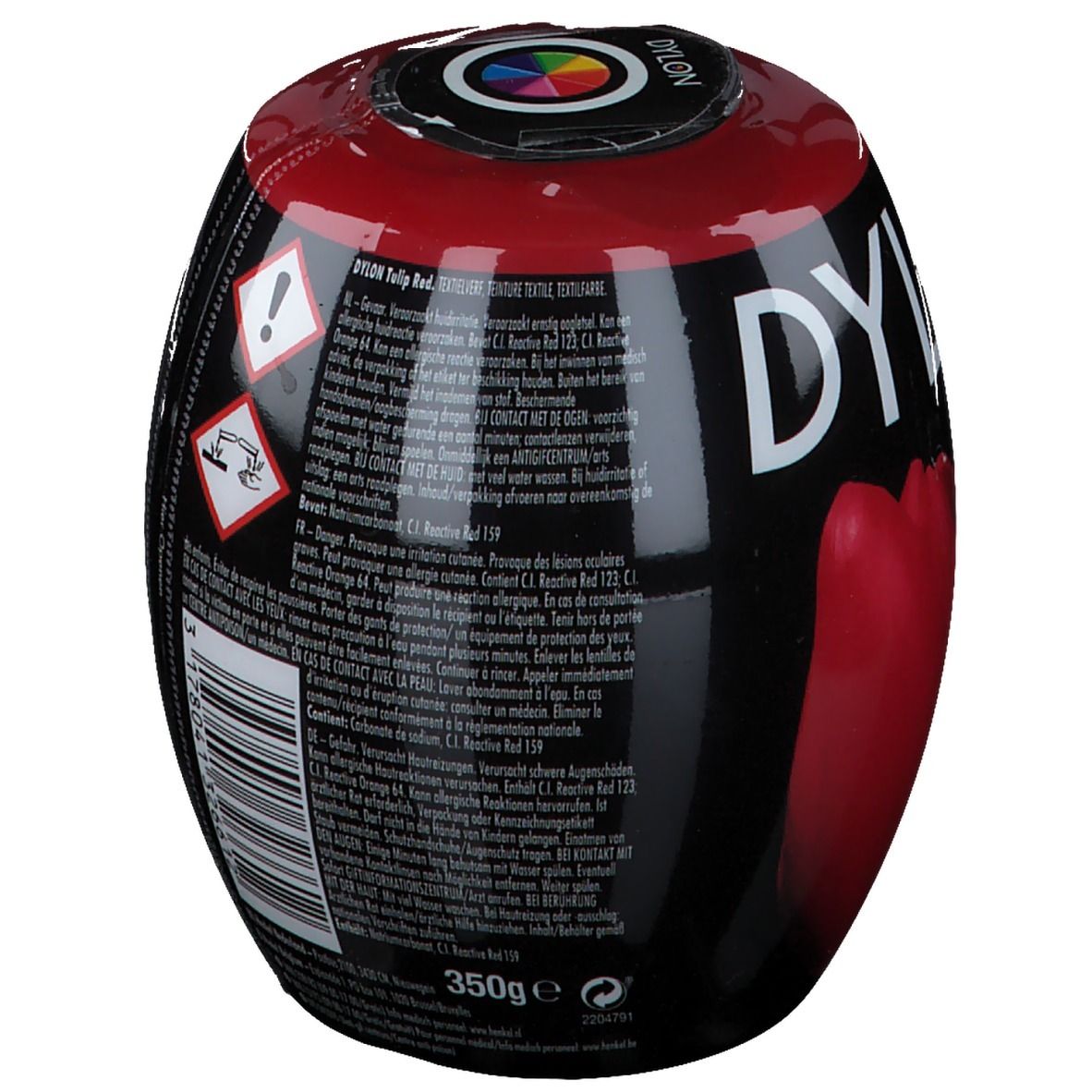DYLON® Tulip Red Textilfarbe. Rückseite der Verpackung mit Warnhinweisen, Barcode und Gewichtsangabe: 350g.