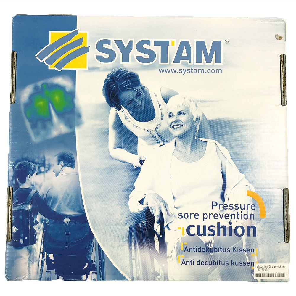 Emballage Systam avec logo et illustration du produit. Inscription : Coussin d'aide à la prévention des escarres. Personnes en fauteuil roulant.