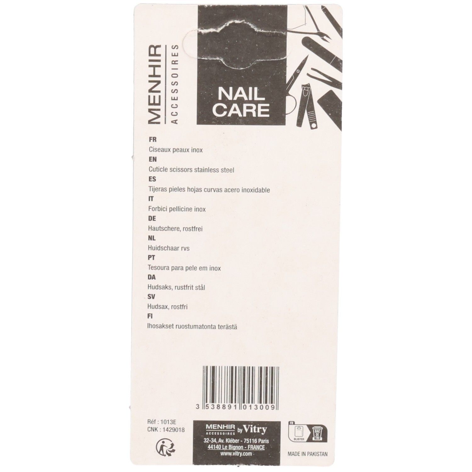 Rückseite der Nagelpflegeschere-Verpackung. Produktname und Marke. Mehrsprachige Produktbeschreibungen.