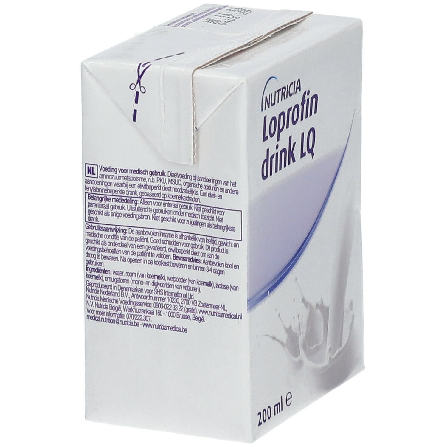 Brique Loprofin drink LQ. Nutricia, 200 ml. Inscriptions en néerlandais. Marque de coupe.