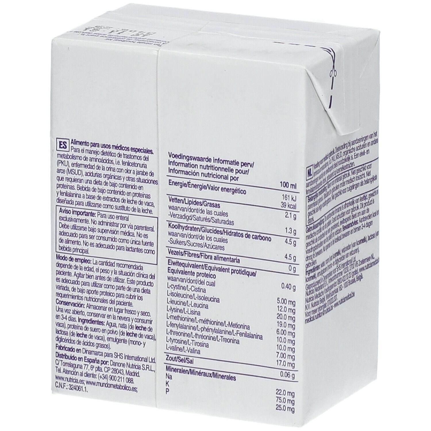 Brique avec informations nutritionnelles. Contient des informations en espagnol et néerlandais. 100 ml.