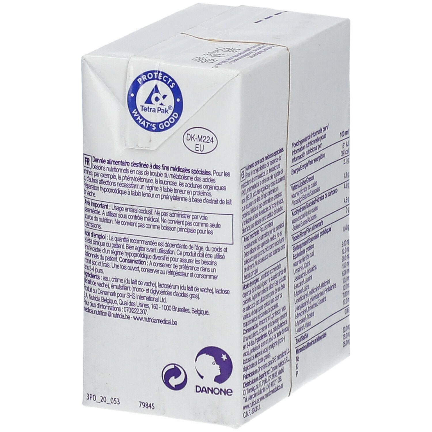 Brique avec informations nutritionnelles. Contient des informations en français. Logo Tetra Pak.