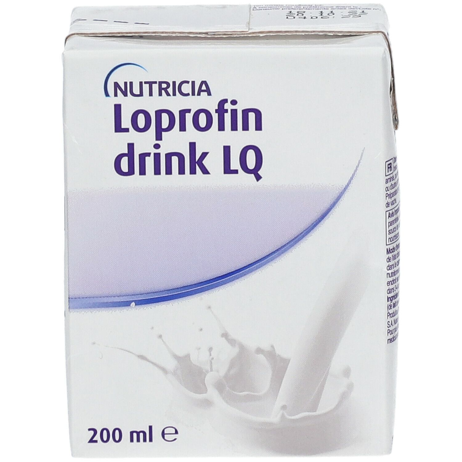 Brique Loprofin drink LQ. Nutricia, 200 ml. Illustration de lait. Inscriptions.