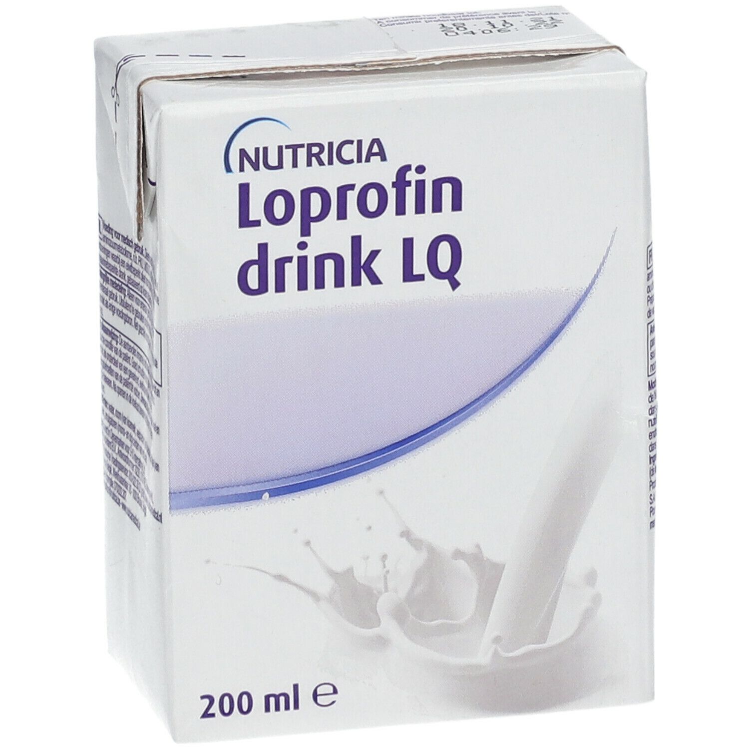 Brique Loprofin drink LQ. Nutricia, 200 ml. Illustration de lait. Inscriptions.