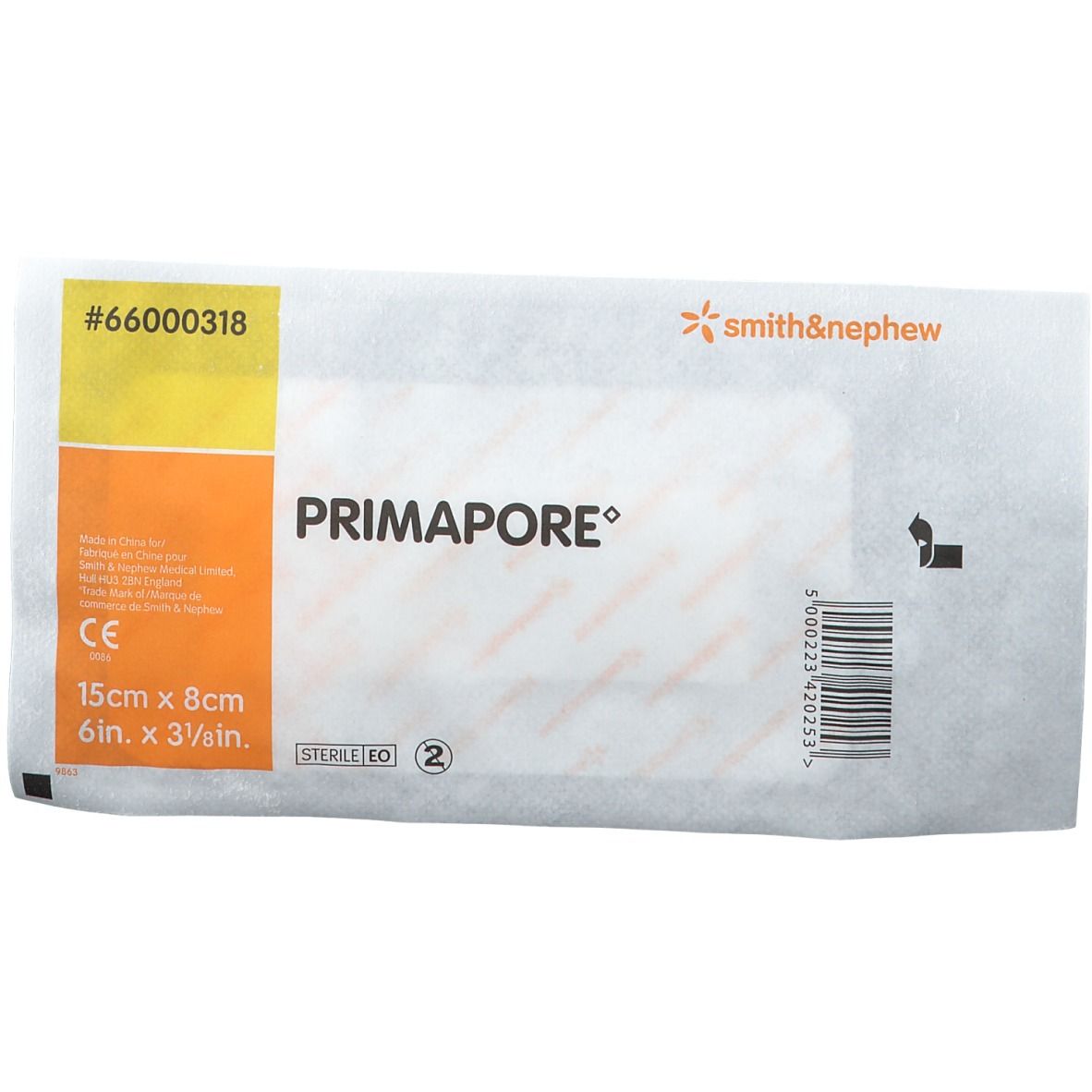 Pansement Primapore 15cm x 8cm. Emballage avec nom du produit, marquage CE et logo Smith & Nephew.
