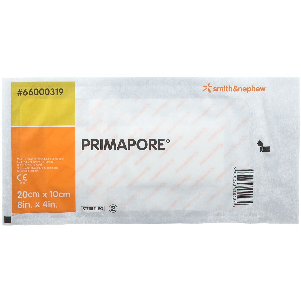 Emballage de pansement Primapore. Dimensions : 20cm x 10cm. Marque Smith & Nephew. Stérile.