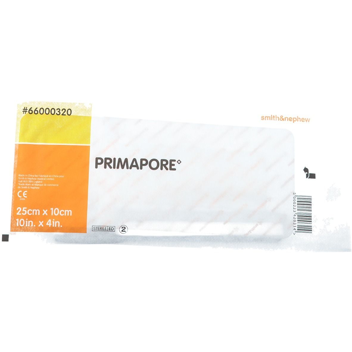 Emballage de pansement Primapore. Bande orange avec numéro de produit et marquage CE. Dimensions : 25cm x 10cm.
