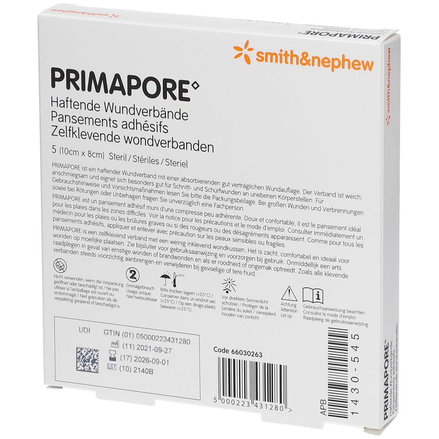 Dos de l'emballage Primapore. Marque Smith & Nephew. Contient des informations sur la stérilité, le mode d'emploi et le numéro de lot.