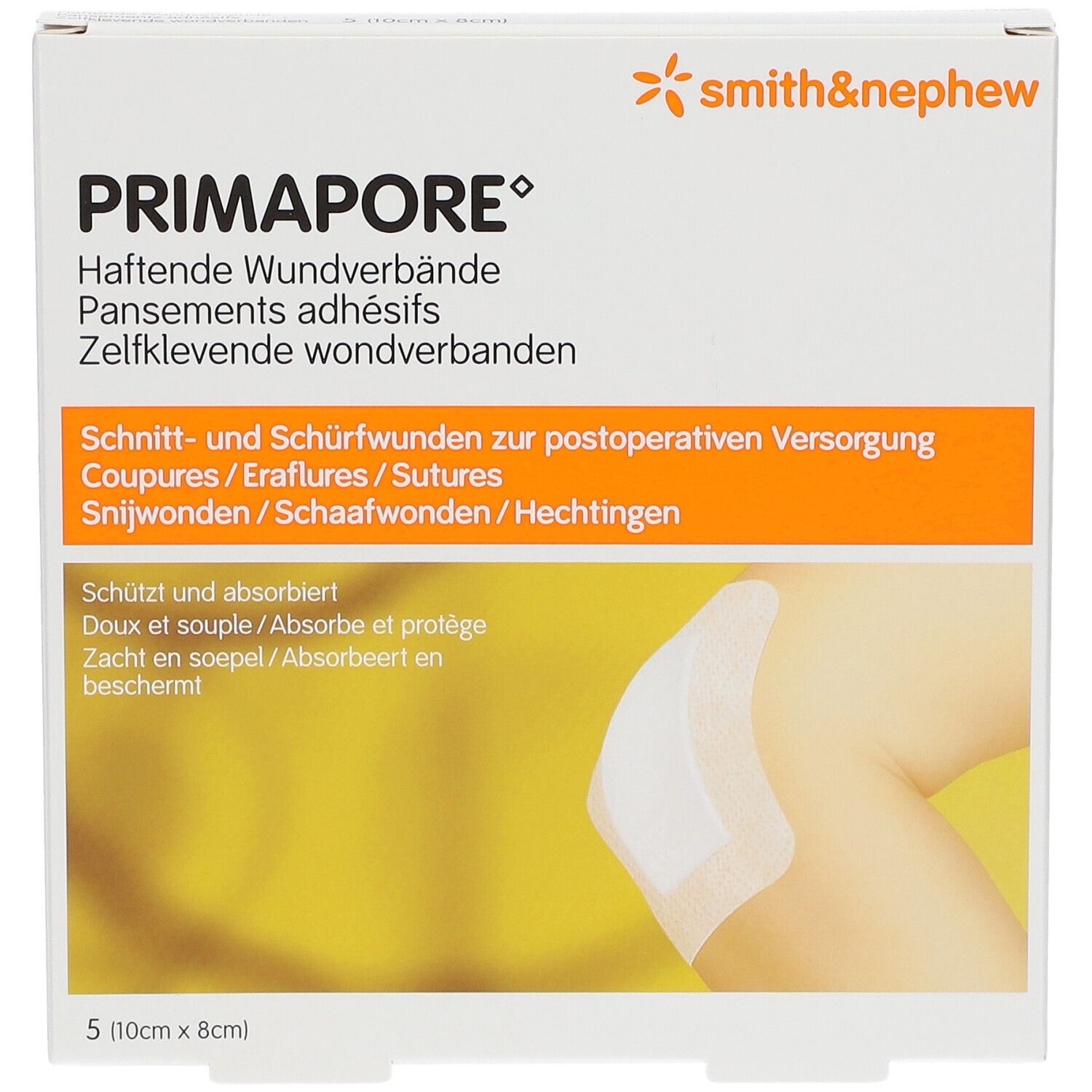 Emballage Primapore. Marque Smith & Nephew. 5 unités, 10cm x 8cm. Image montre un pansement sur la peau.