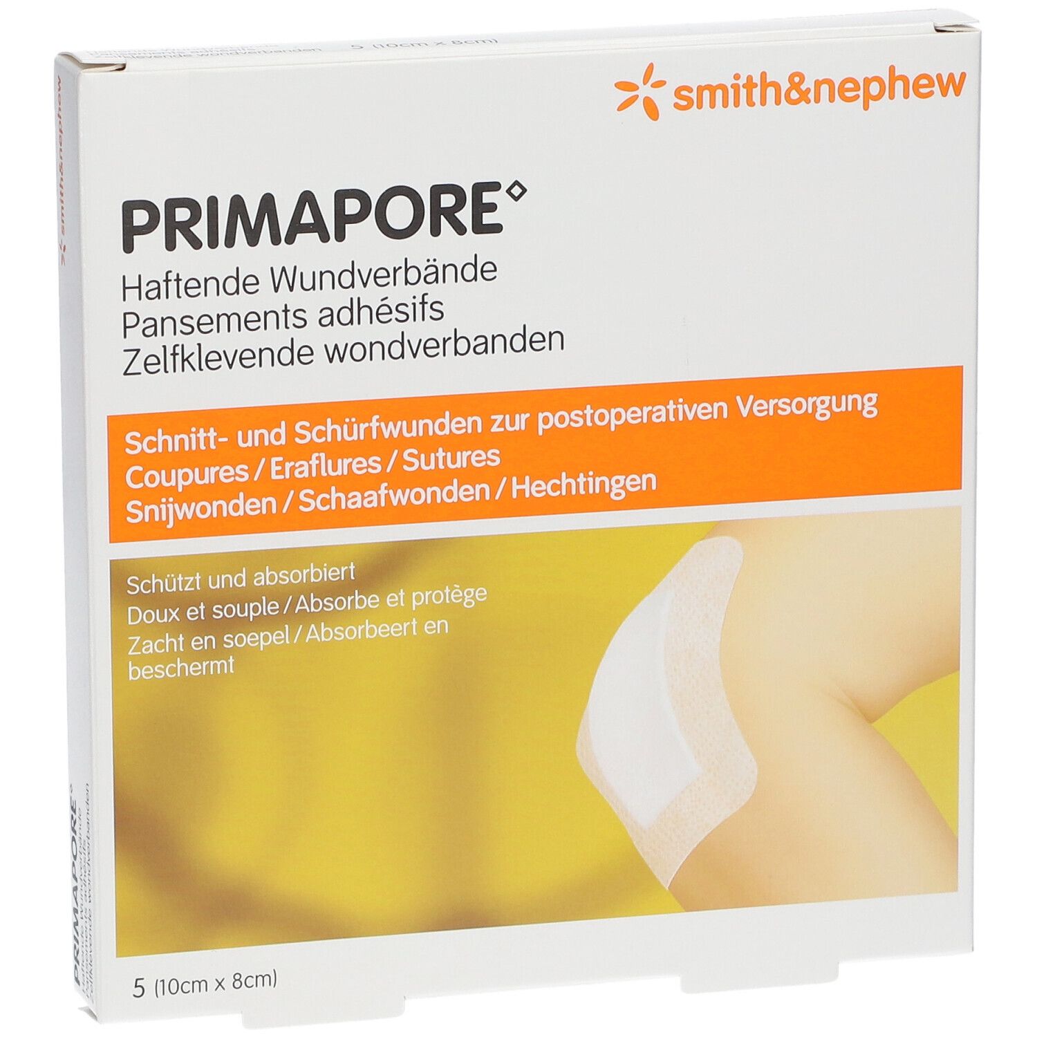 Emballage Primapore. Marque Smith & Nephew. 5 unités, 10cm x 8cm. Image montre un pansement sur la peau.
