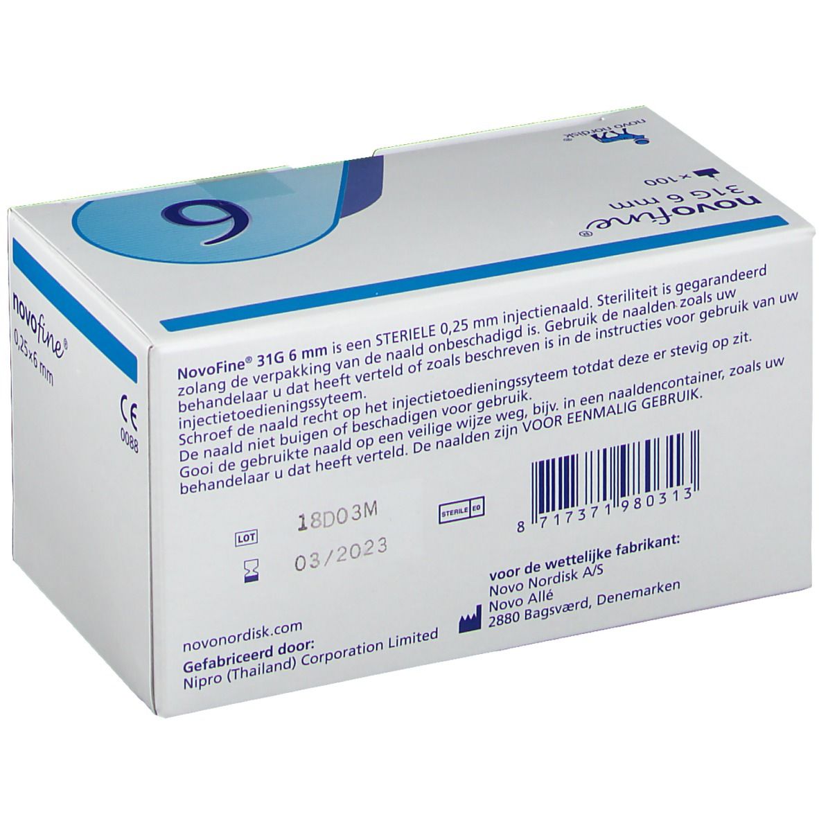 Boîte NovoFine 31G 6 mm. Inscription : 31G 6 mm, x100, 03/2023, CE 0088. Boîte blanche avec graphique bleu et texte.
