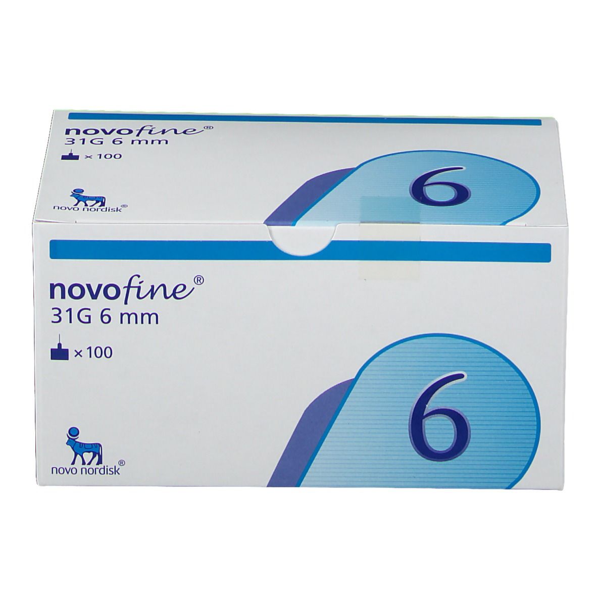 Boîte NovoFine 31G 6 mm. Inscription : 31G 6 mm, x100, chiffre 6. Boîte blanche avec graphique bleu.